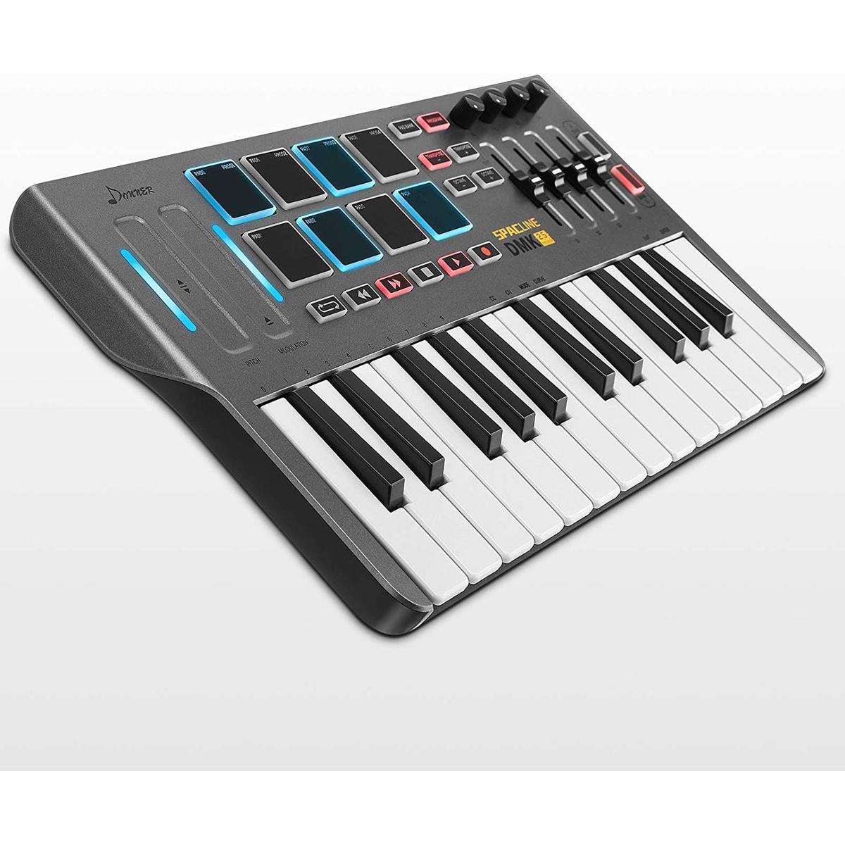 50e536bf7124209f13bfda3a732cffae Donner MIDI Keyboard Controller, DMK25 Portable MIDI with 25 Responsive Keys, 8 Great Tactile Backlit Drum Pads, 4 Assignable Knobs for Beginners & Music Composition Lover, Great Gift for Son, Black - Image 1